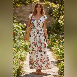Hekka White Red Floral Wrap Maxi Dress Size L Flowy Romantic Cottagecore
